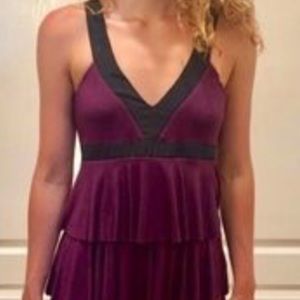 Akiko tiered garnet dress with silk black trim